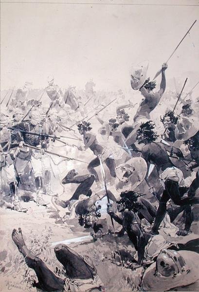 Taistelut zulujen ja englantilaisten sotilaiden välillä, n. 1878 (akvarelli paperille) tekijältä French School