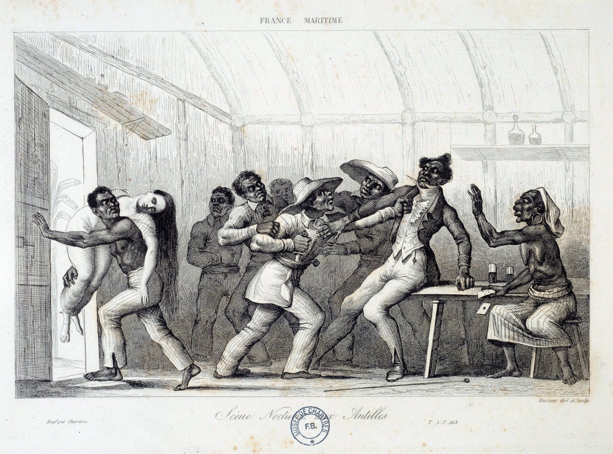 Ryöstöt sieppaavat nuoren valkoisen naisen, joka taistelee tavernassa Länsi-Intiassa. Kaiverrus 1800-luvulta. Chartres, Kuvataidemuseo tekijältä French School