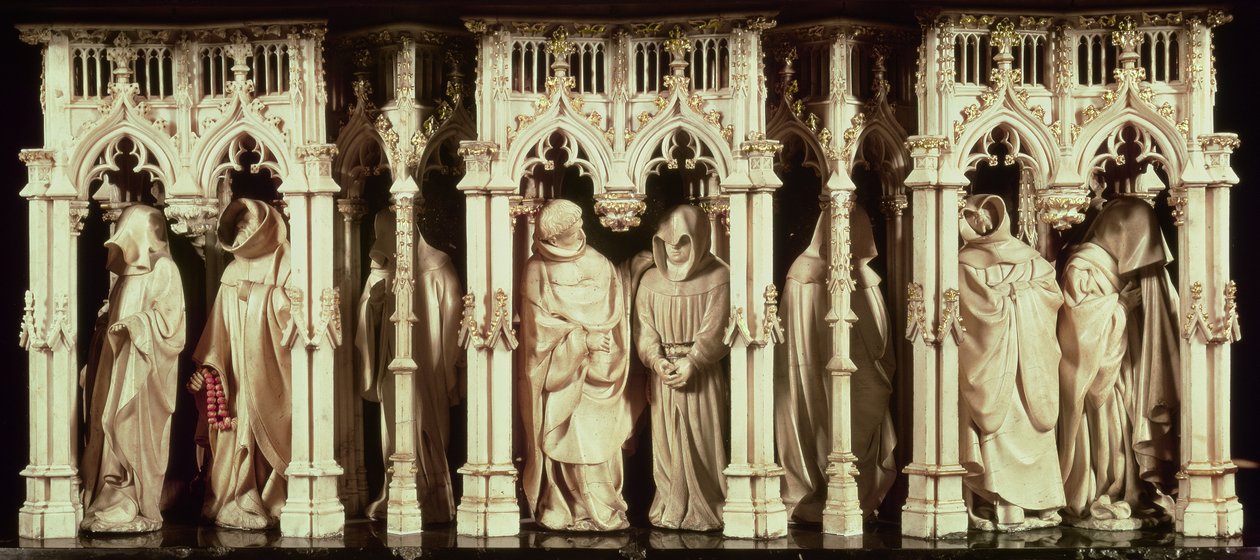 Jean de Marvillen (k. 1389), Claus Sluterin (k. 14056) ja Claus de Werven (n. 1380-1439) munkkihahmot Burgundin herttuan (1342-1404) Philip Rohkean haudasta. luostarille o tekijältä French School