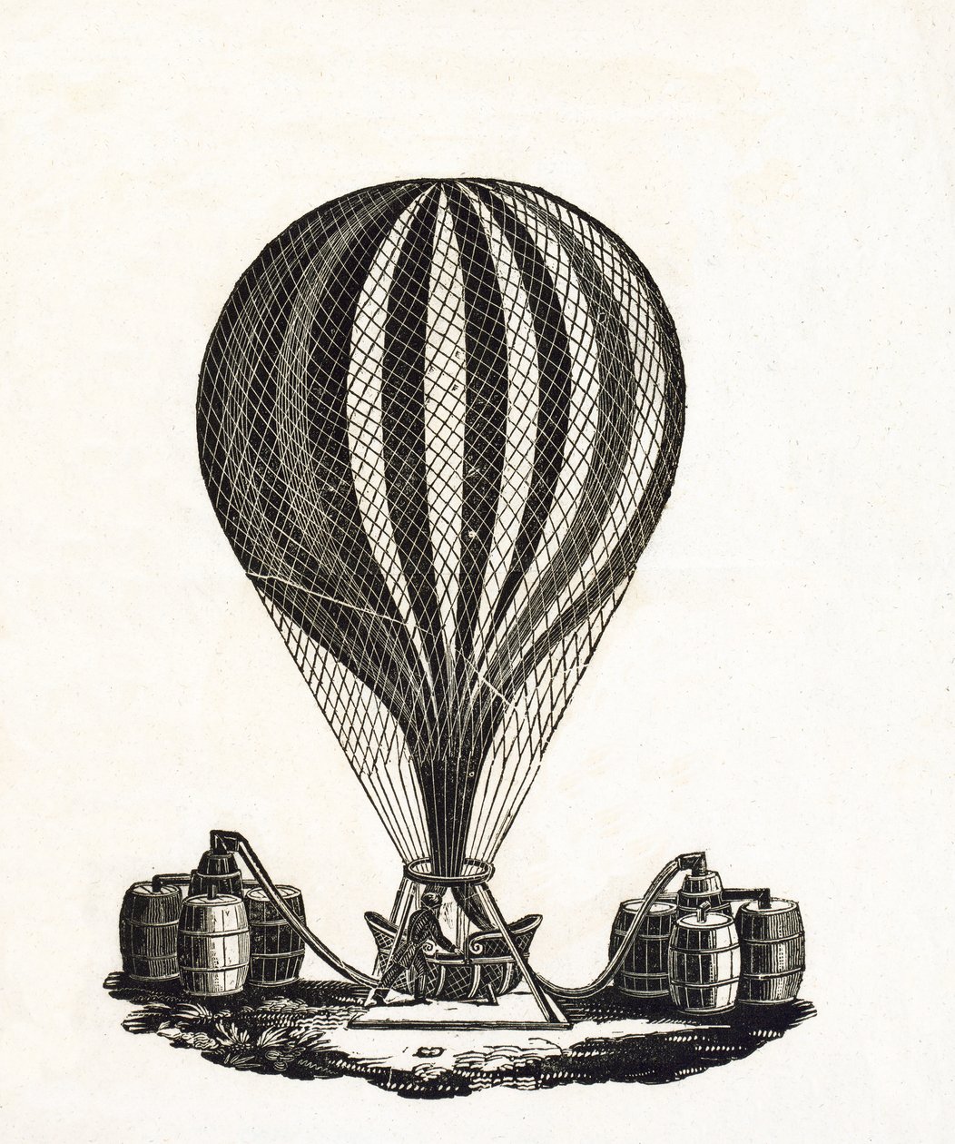 Kuumailmapallon täyttäminen kaasulla, n. 1790 (puukaiverrus) tekijältä French School