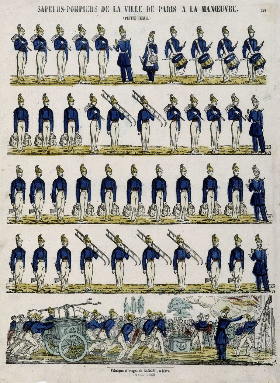 Pariisin kaupungin palokunta liikkeessä - kuva Epinalista, noin 1852 tekijältä French School