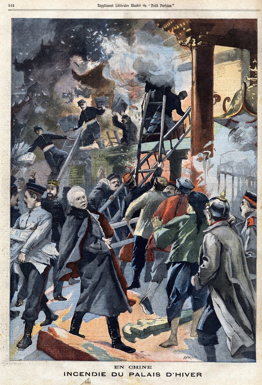 Talvipalatsin tulipalo Pekinissä, Kiinassa, paikassa "Le Petit Parisien" 5.5.1901 (kaiverrus) tekijältä French School
