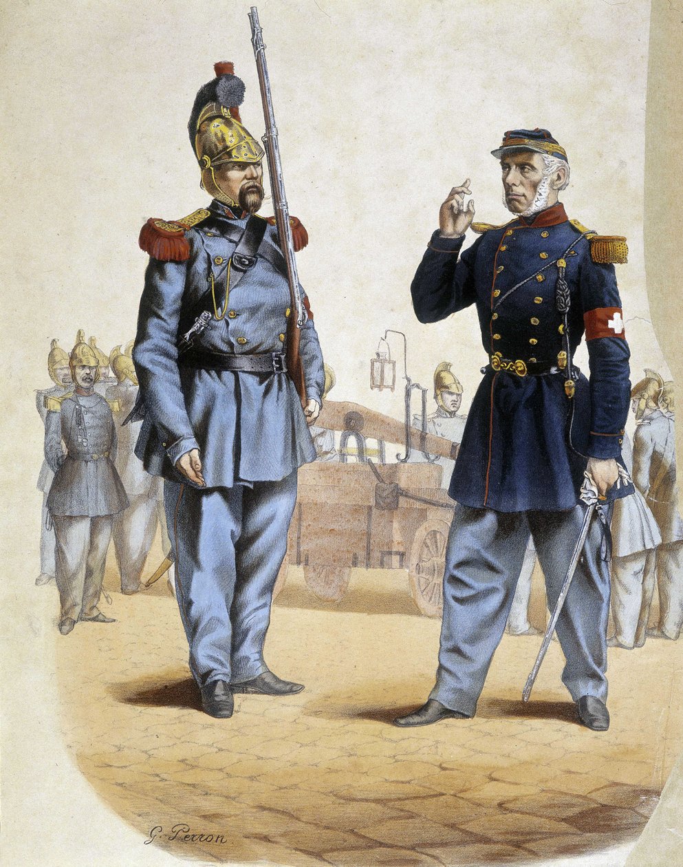 Palomiehet vuonna 1860 - piirustus Perron, Arts Deco tekijältä French School