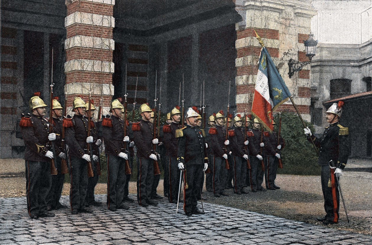 Pariisin palomiehet. Tervehdys lipulle. ""Sotilasalbumikohtaus sotilaan elämästä, Pariisin palomiehet"" 1892. tekijältä French School
