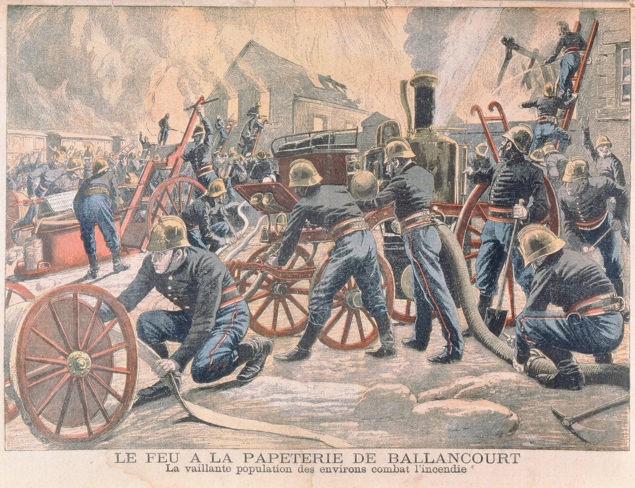 Palomiehet sammuttavat tulipaloa paperitehtaalla Ballancourtissa, Le Petit Journal, 1905 tekijältä French School