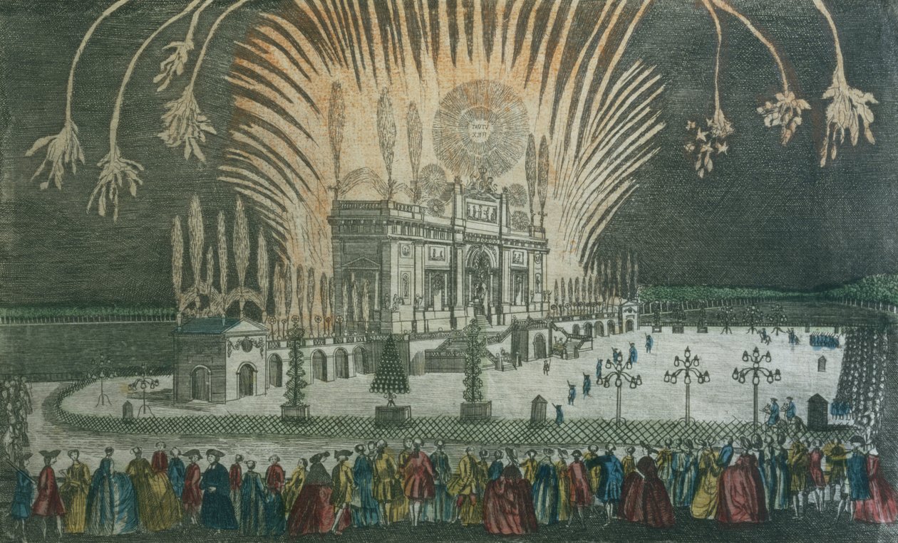 Ilotulitus Green Parkissa Pariisin sopimuksen allekirjoittamisen kunniaksi vuonna 1763 tekijältä French School