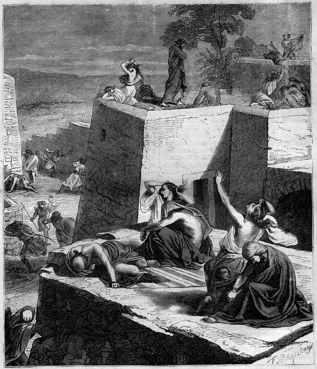 Ensimmäinen ristiretki (1096-1099): Saksan ristiretket murskaavat unkarilaiset ja sytyttivät kaupungit tuleen. Maurice Lachatren kaiverrus "Histoire des Papes-Rois-Queen and Empereurs a travers les centuries" tekijältä French School