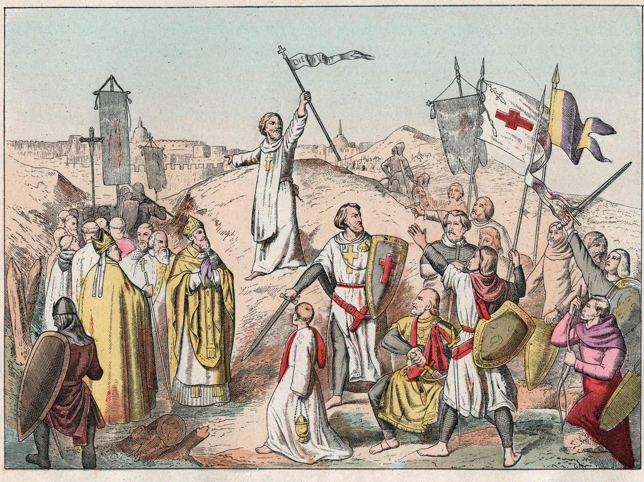 Ensimmäinen ristiretki: Jerusalemin piiritys ja valloitus Godefroy (Godefroi) de Bouillonin (1058-1100) johtamien risteilyjen toimesta vuonna 1099 - Godfrey de Bouillon Jerusalemin piirityksessä - Kaiverrus 1800-luvun lopusta "" Nosissa Gires Nationales -  tekijältä French School