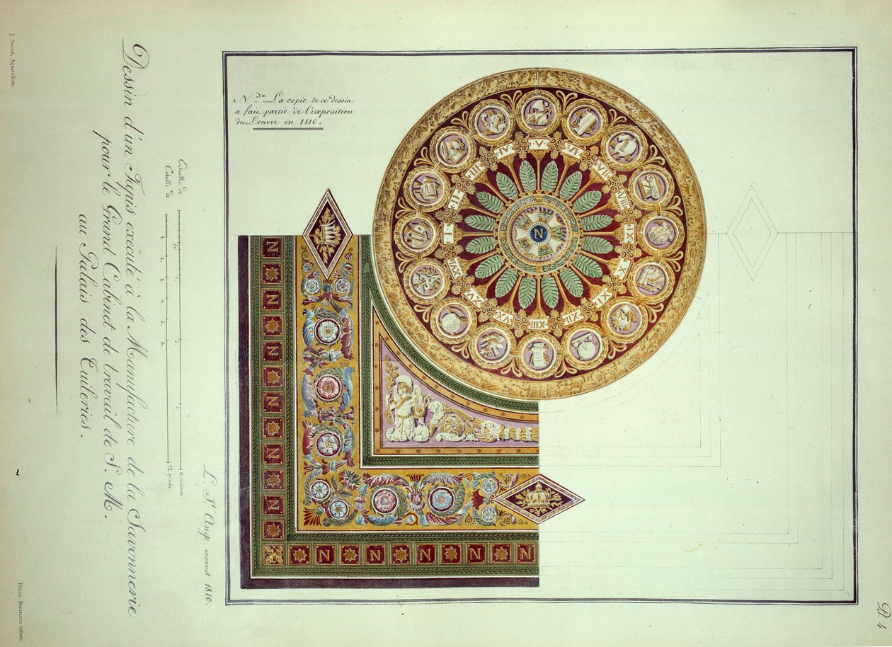 Ensimmäinen valtakunta: Manufacture de la Savonneriessa toteutetun maton suunnittelu keisari Napoleon I:n (1769-1821) kabinettia varten Palais des Tuileries