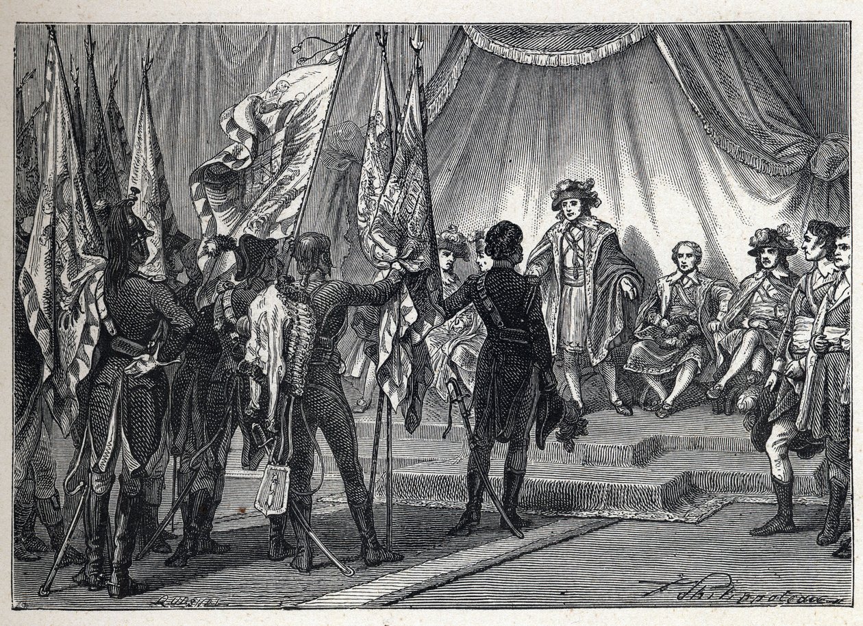 Ensimmäinen liittouma: Joachim Murat (1767-1815) esittelee johtokunnalle Napoleon Bonaparten johtaman Ranskan armeijan Italian kampanjan aikana valloittamat liput. Kaiverrus vuodelta 1889. Yksityinen kokoelma. tekijältä French School
