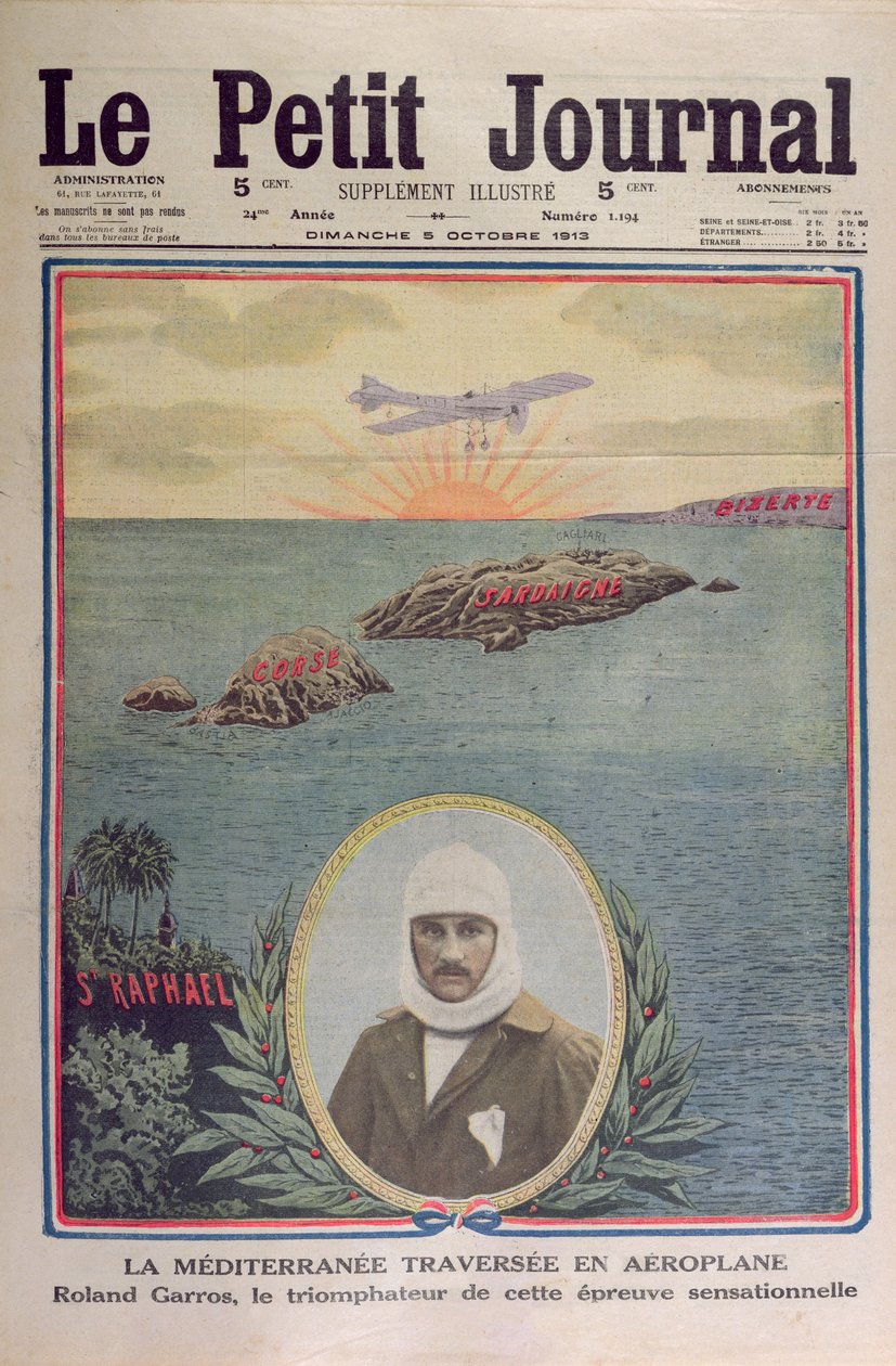 Roland Garros (1888-1918) ylitti ensimmäisen Välimeren 23. syyskuuta 1913, Le Petit Journalin kansikuva 5. lokakuuta 1913 tekijältä French School