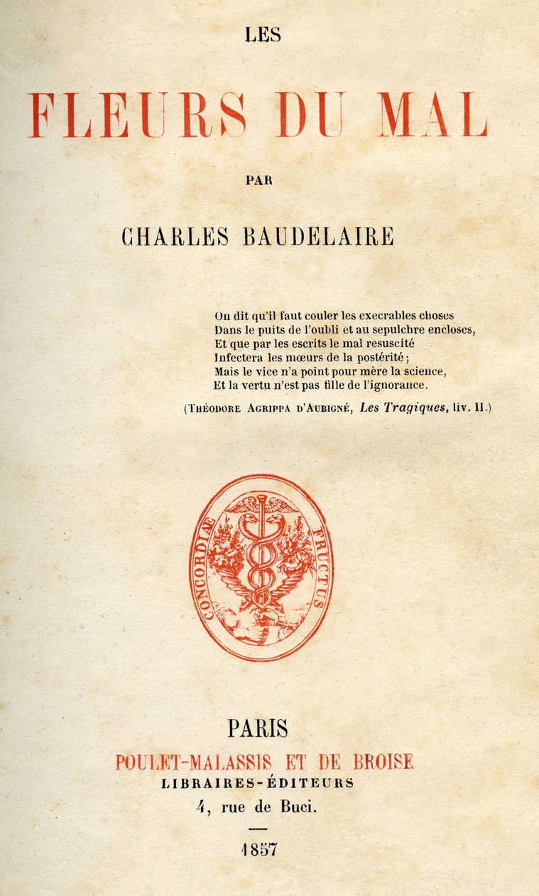 Charles Baudelairen Les Fleurs du Malin ensimmäinen painos tekijältä French School