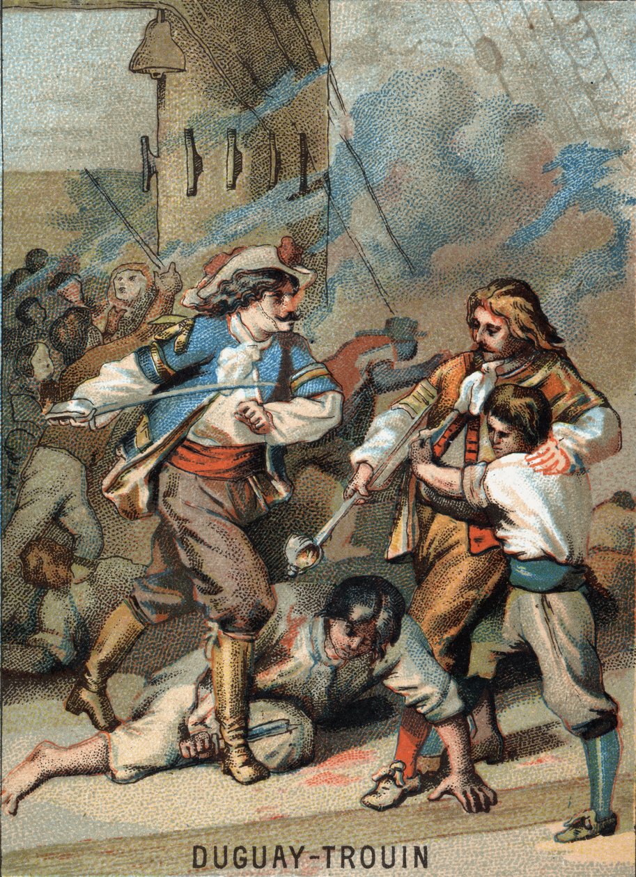 Rene Duguay Trouinin (Duguay-Trouin) (Rene Trouin du Gue dit) (1673-1736) ensimmäinen saavutus, ranskalainen merimies: Duguay - Trouin-taistelija Wassenaer (1695). Kromolitografia sarjasta ""Isänmaallinen koulutus kuvan kautta"". tekijältä French School
