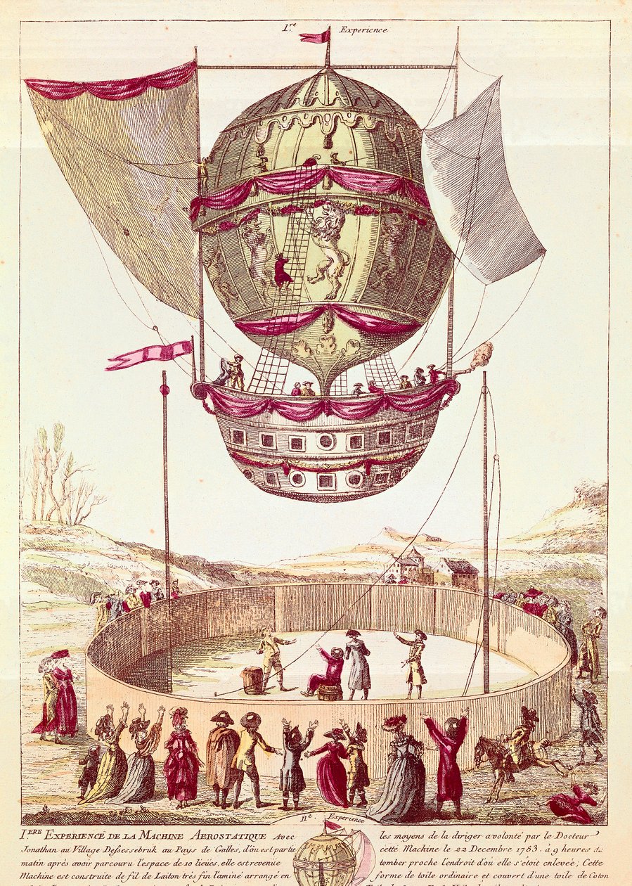 Kuumailmapallon ensilento 22. joulukuuta 1783 Defsessebrukissa (Wales) (litografia) tekijältä French School