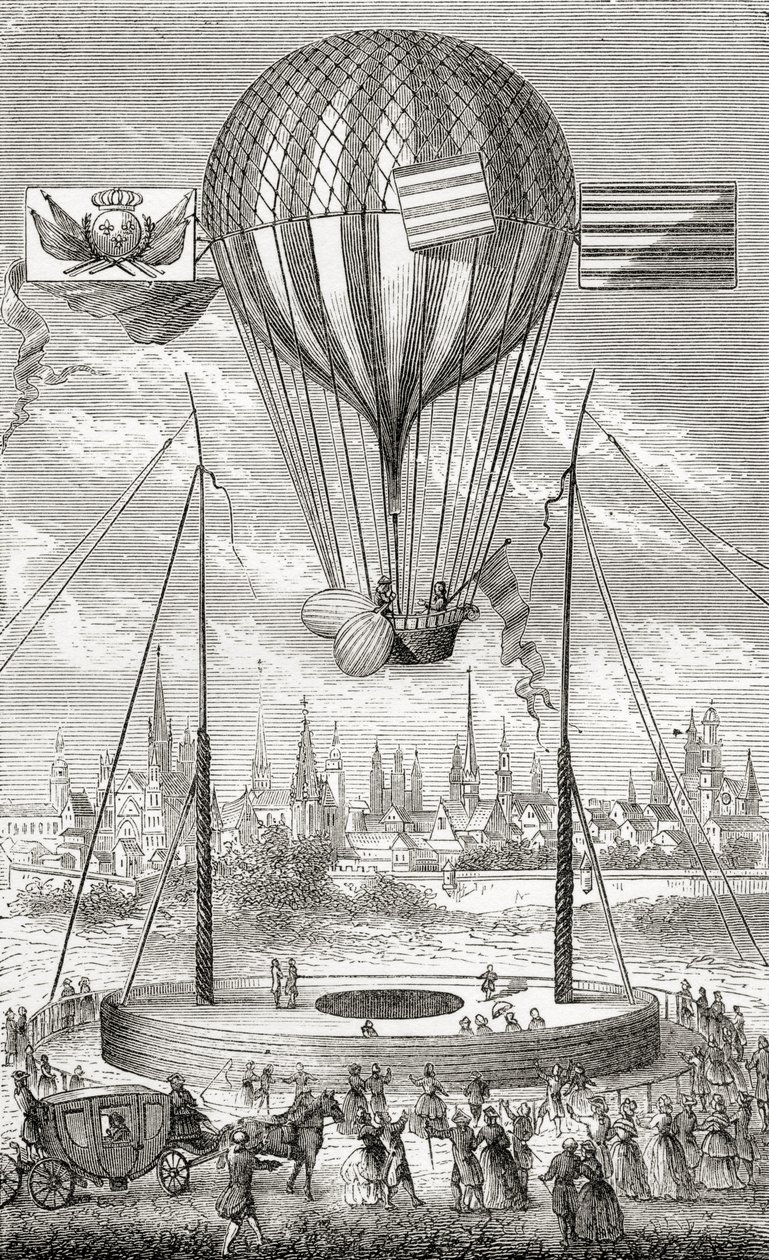 Ensimmäinen lento ohjattavalla ilmapallolla, Dijonista, 12. kesäkuuta 1784, teoksesta "Wonderful Balloon Ascents or the Conquest of the Skies", kirjoittanut Fulgence Marion, julkaistu n. 1870 tekijältä French School