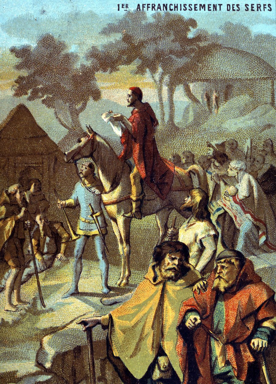Ensimmäinen orjien vapauttaminen (1315), Louis X. Kromolitografia sarjasta "" Isänmaallinen opetus kuvan kautta"". tekijältä French School