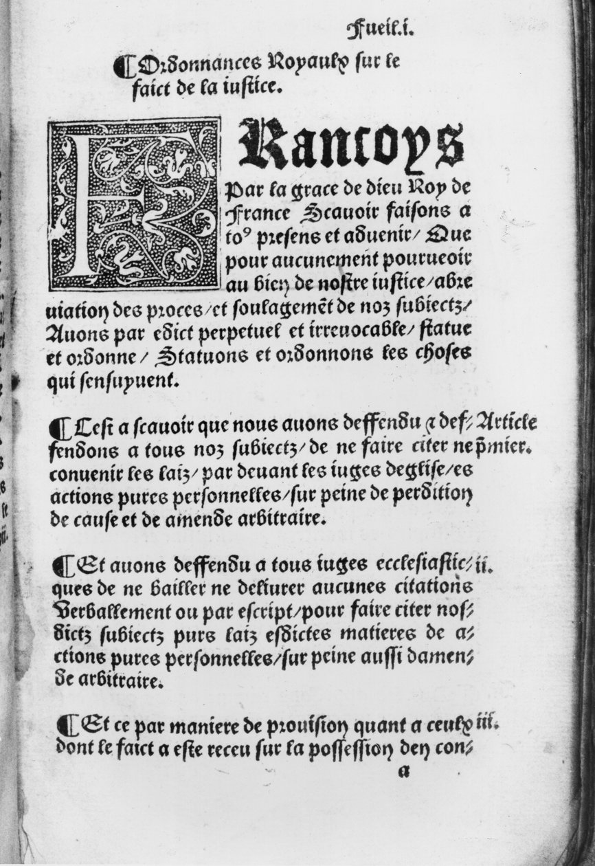 Ensimmäinen sivu Villers-Cotteretsin määräyksestä, 1539 (painettu paperi) tekijältä French School