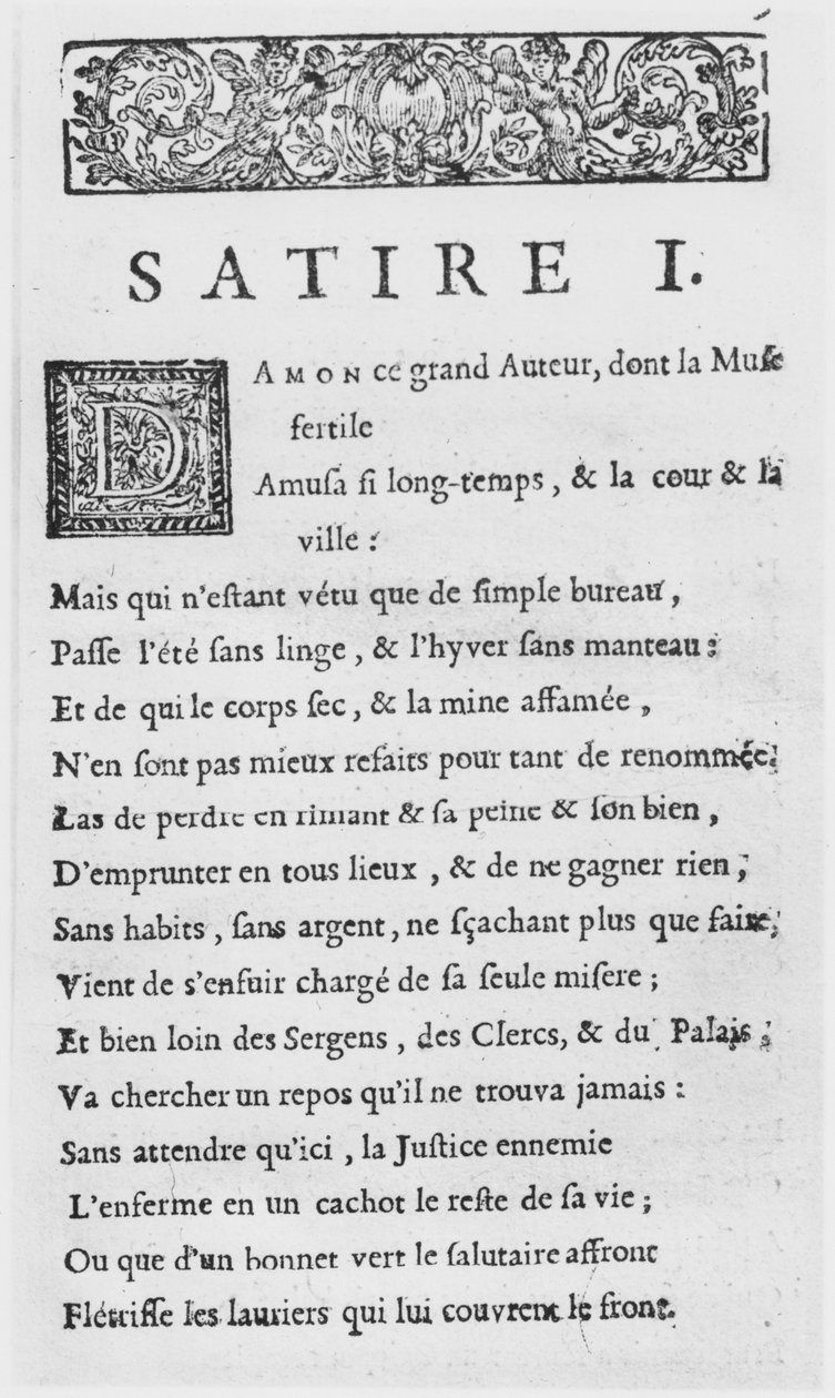 Nicolas Boileaun satiirien ensimmäinen sivu, joka tunnetaan nimellä Boileau-Despreaux, julkaistu vuonna 1685 tekijältä French School
