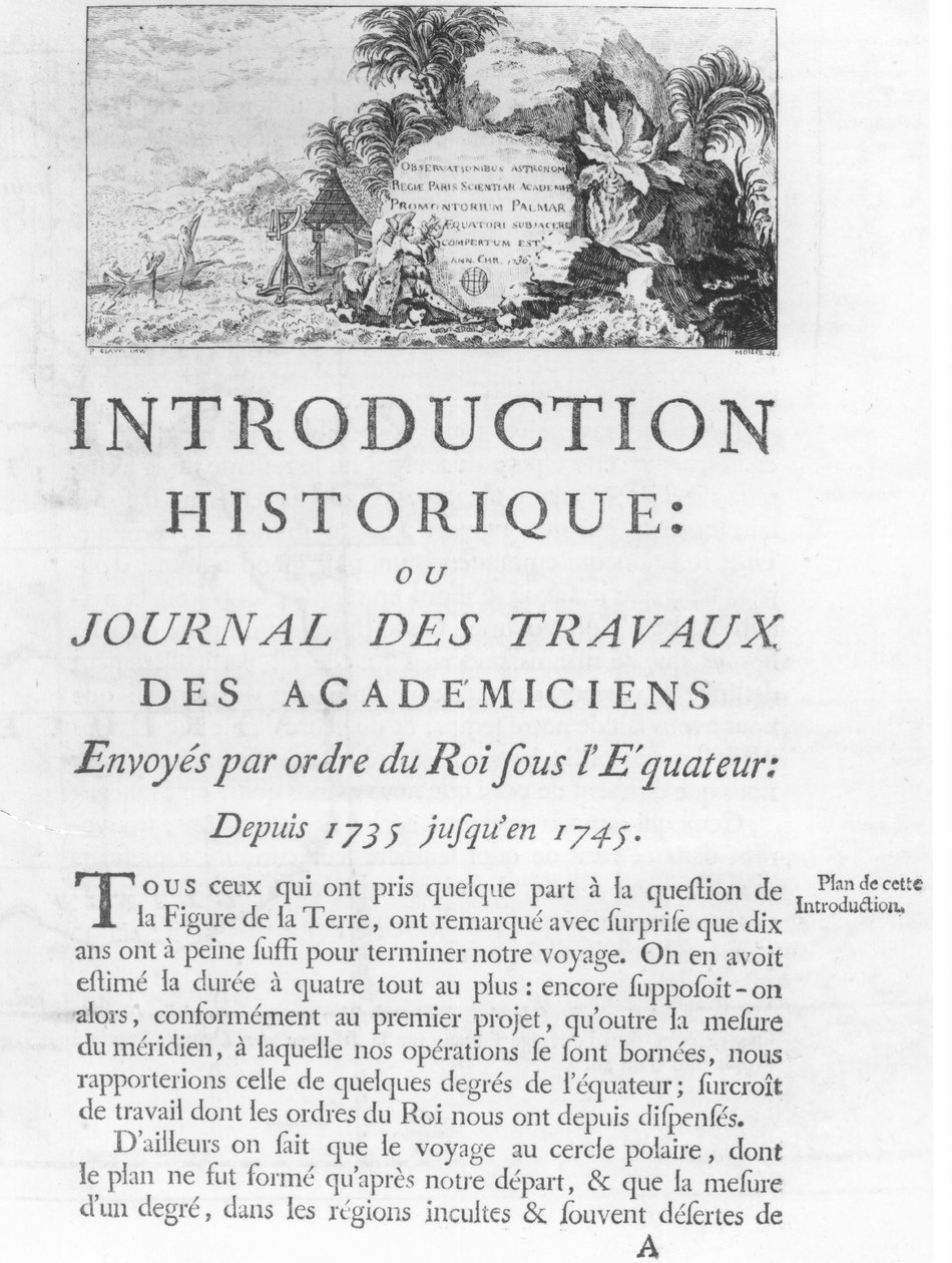 Ensimmäinen sivu Journal des Travaux des Academiciens -lehden johdannosta, jonka lähetti Charles Marie de La Condamine (1701-74) 1751 (bw) Ecuadorin kuninkaan määräyksellä vuosina 1735–1745 tekijältä French School