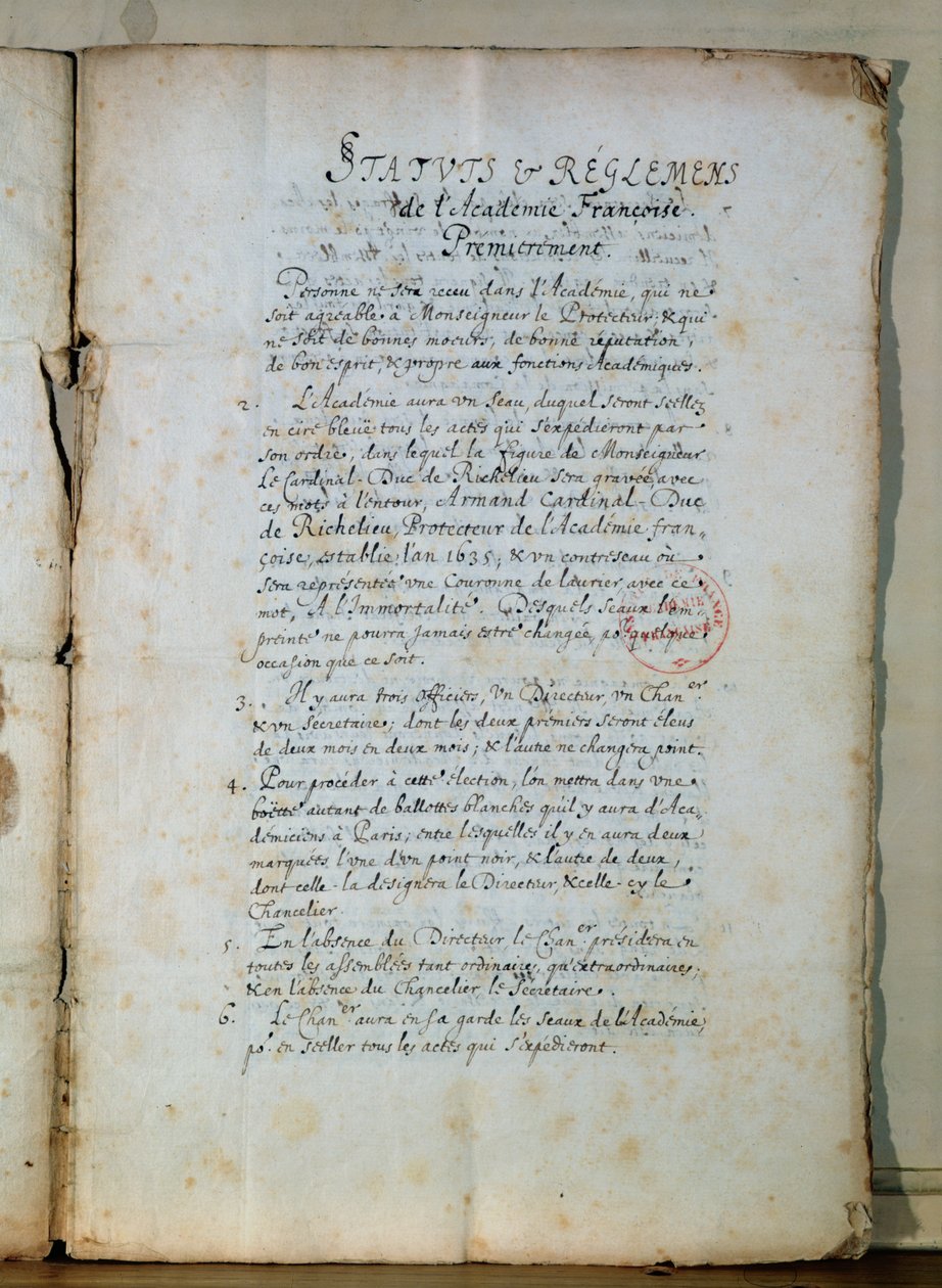 Ranskan akatemian perussäännön ensimmäinen sivu 1635 (muste paperille) (katso myös 179947) tekijältä French School