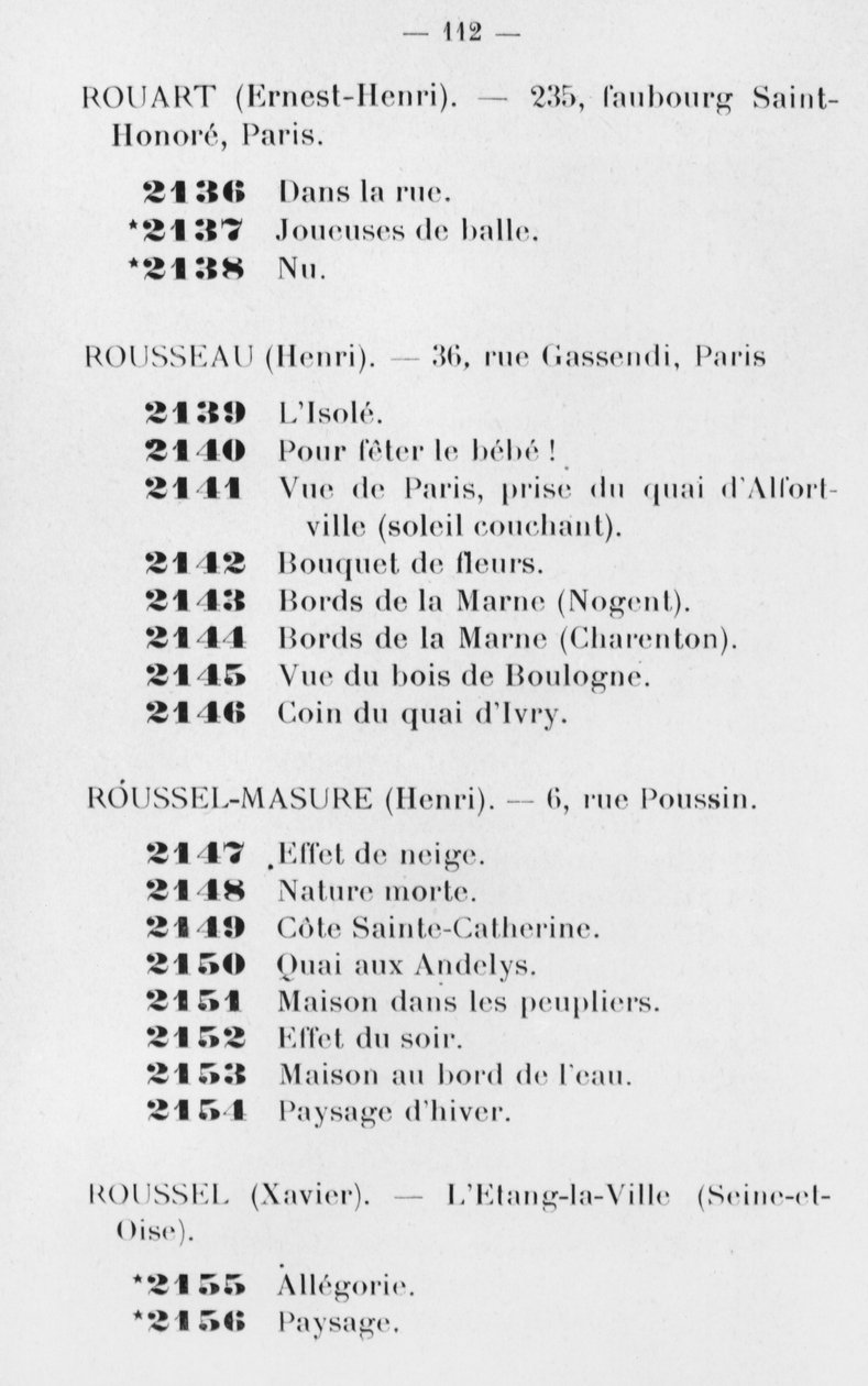 Le Douanier Rousseaun ensimmäinen osallistuminen Salon des Independantsiin, luettelo, sivu 112, Pariisi, 1905 tekijältä French School