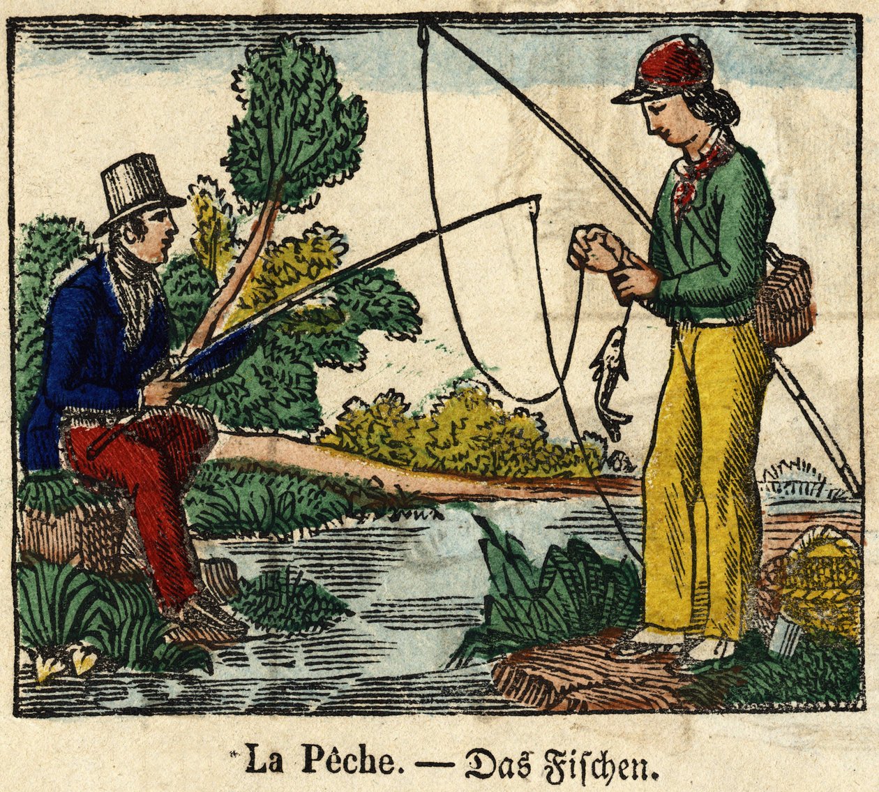 Kalastus, selkärangan kuva 1800-luvulta. tekijältä French School