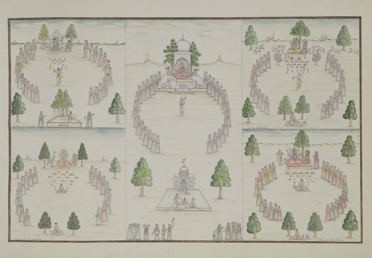 Viisi hindukulttia: Shiva, Krishna, Vishnu, Brahma ja äitijumalatar Gentil-albumista, julkaistu vuonna 1774 tekijältä French School