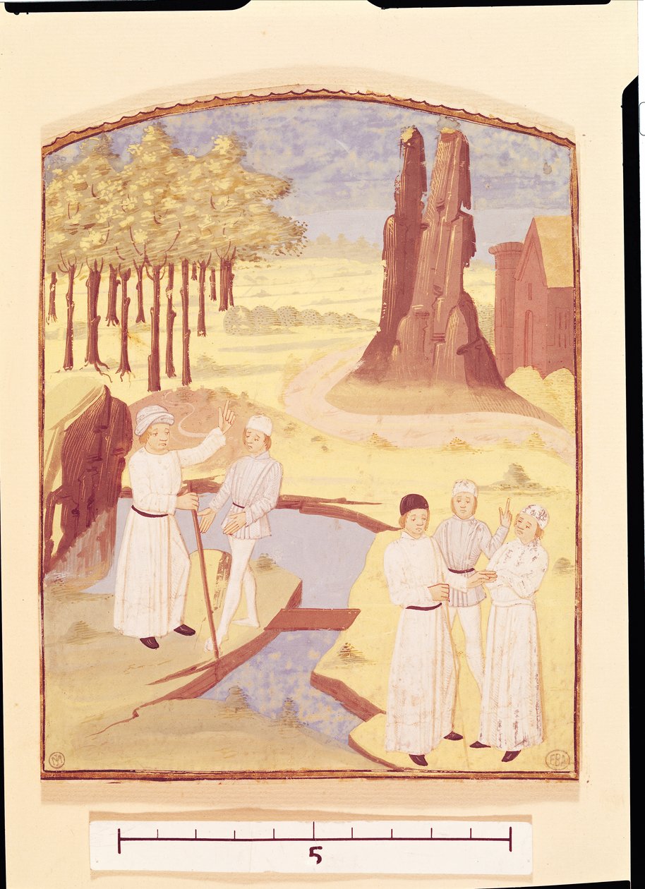 Viisi henkilöä keskustelemassa puutarhasuunnittelusta, Pietro de Crescenzin Livre des Prouffitz Champestresistä (1230-132021) tekijältä French School