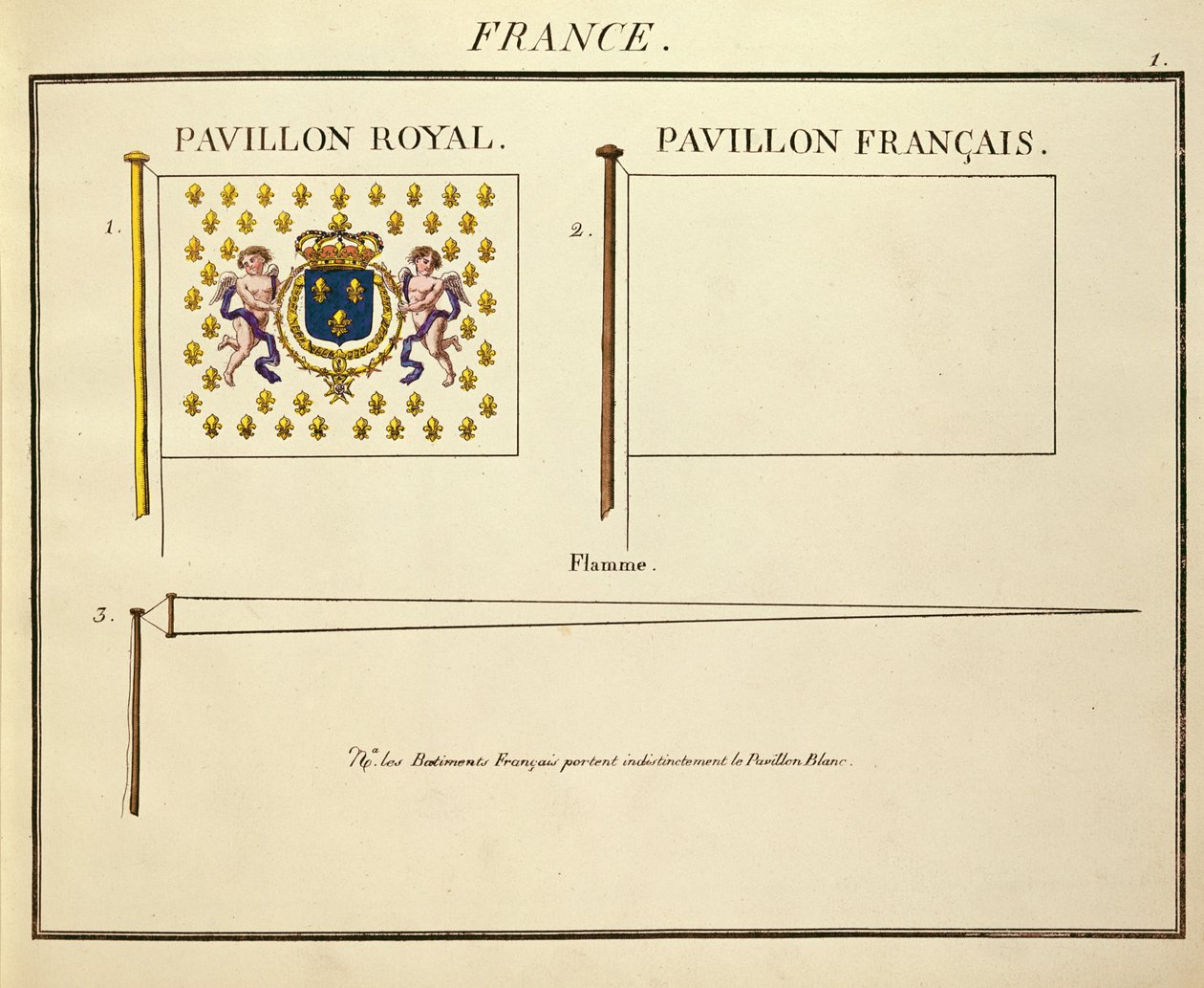 Ludvig XVIII:n ja Kaarle X:n, Ranskan kuninkaiden lippu, Pavillons des Puissances Maritimes (värikaiverrus) tekijältä French School