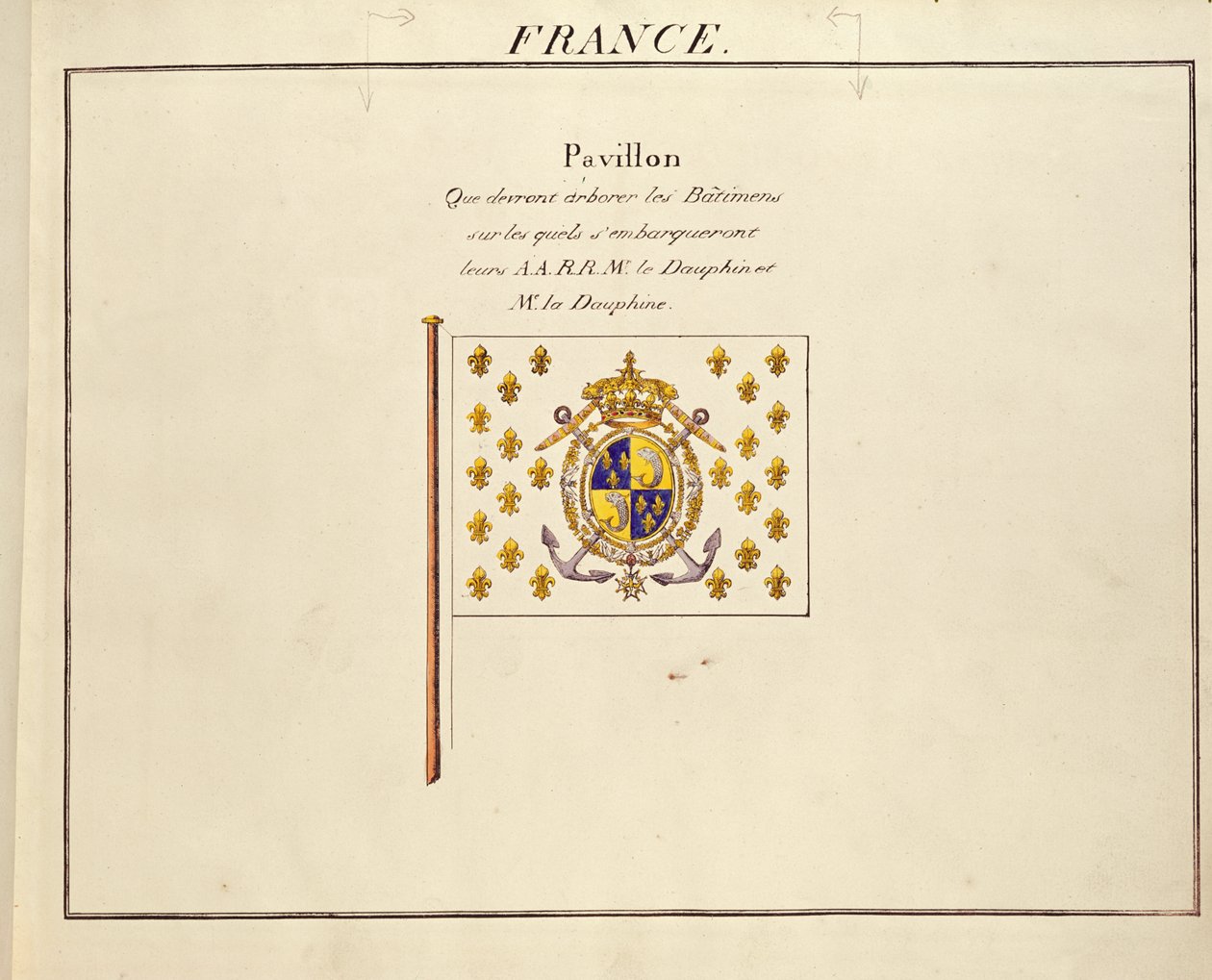 Dauphinin ja Dauphinen lippu, Ranskan Louis-Antoine ja Marie-Therese, Maritime Powers -paviljonkeista, n. 1815-1830 (värikaiverrus) tekijältä French School