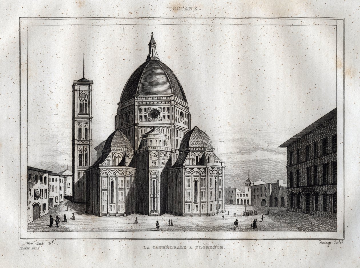 Firenzen katedraali - Näkymä Firenzen katedraalille (Duomo Santa Maria del Fiore). Kupolin valmisti Filippo Brunelleschi noin 1420-1436, Firenze, Italia - Kaiverrus "Italia maalauksellinen"" - Italian historiallinen ja kuvaava taulukko", kirjoittaja M. de tekijältä French School