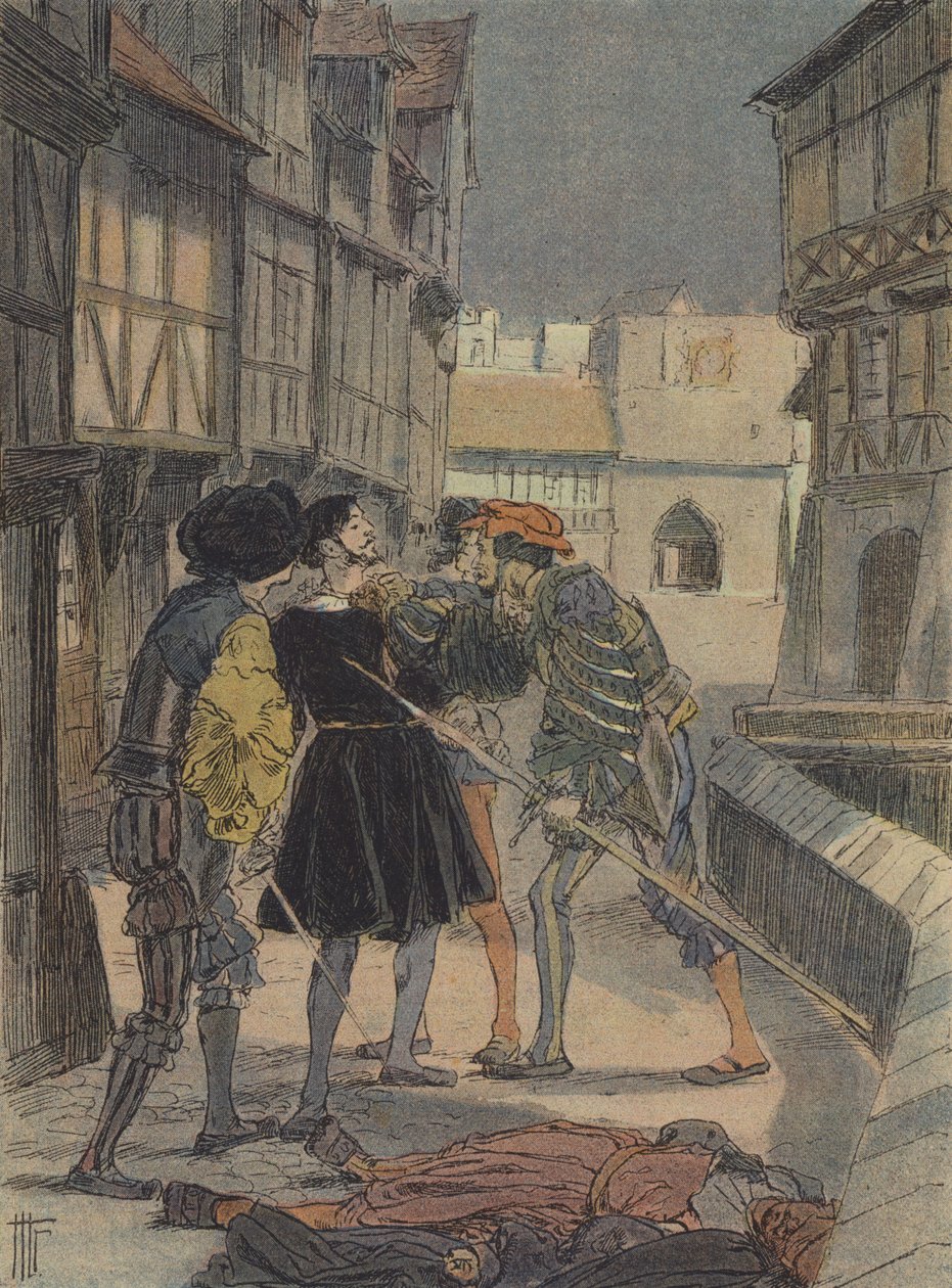 Firenzeläinen kultaseppä ja kuvanveistäjä Benvenuto Cellini miesjoukon ympäröimänä ja uhkaamana (värilitografia). tekijältä French School