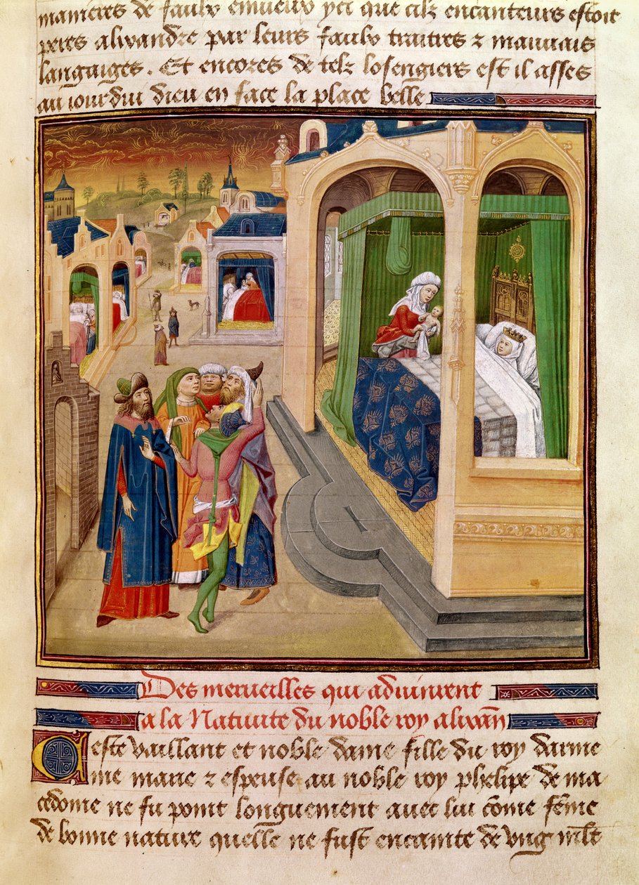 Fol.10r Aleksanteri Suuren (356-323 eKr.) syntyessä tapahtuneet ihmeet Jean Wauquelinin kirjasta, Histoire du Grand Alexandre 1460 tekijältä French School