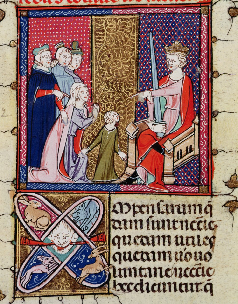 Fol.11v Lapsi ja hänen äitinsä tuomarin edessä, Justinianista Fortiatumista tekijältä French School