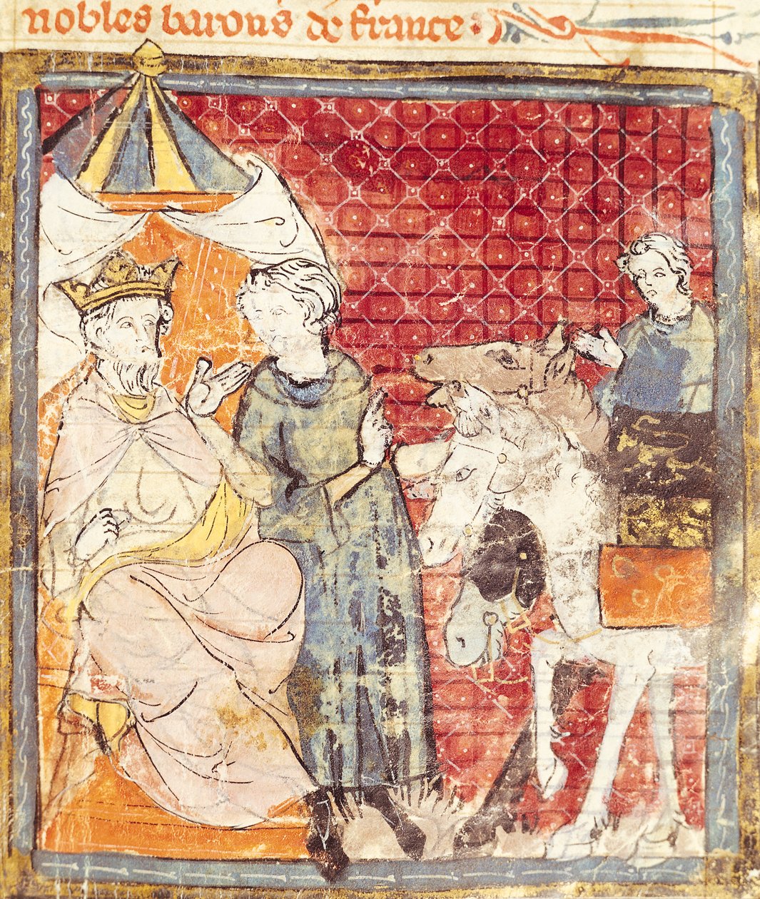 Fol.133r Roland jättää jäähyväiset Kaarle Suurelle (742-814), Grandes Chroniques de France, 1375-79 tekijältä French School