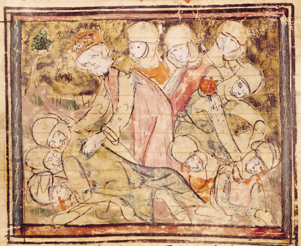 Fol.136v Kuinka Charlemagne (742-814) löysi Rolandin kuolleena, Grandes Chroniques de Francesta, 1375-79 tekijältä French School
