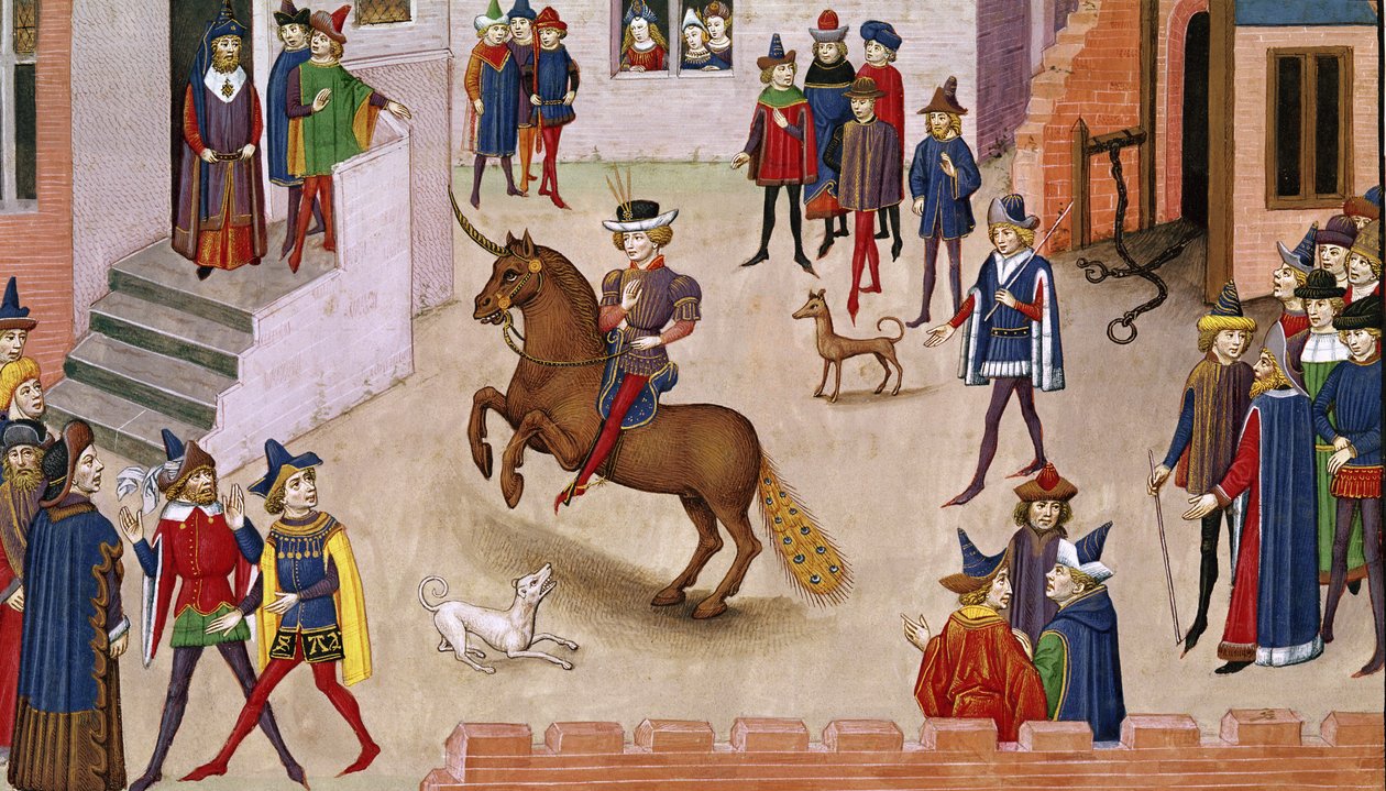 Fol.17v Kuinka Aleksanteri Suuri (356-323 eKr.) nousi Bukefaloksen vuorelle, Histoire du Grand Alexandre 1460 tekijältä French School