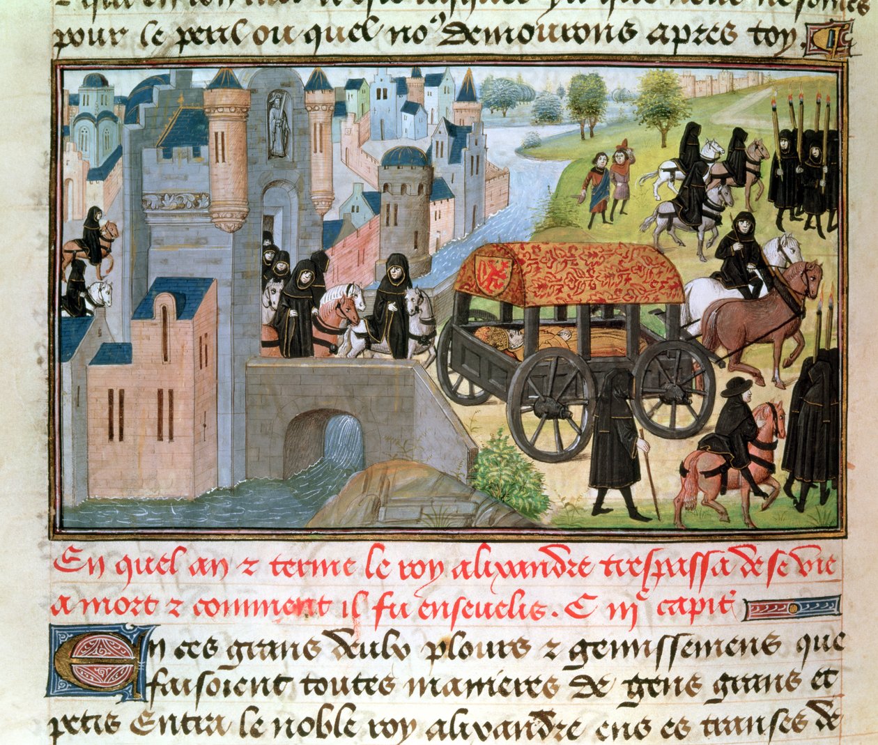 Fol.305v Kuinka Aleksanteri Suuri (356-323 eKr.) kuoli ja haudattiin, Jean Vauquelinin käsikirjoituksesta, Histoire du Grand Alexandre, 1460 tekijältä French School