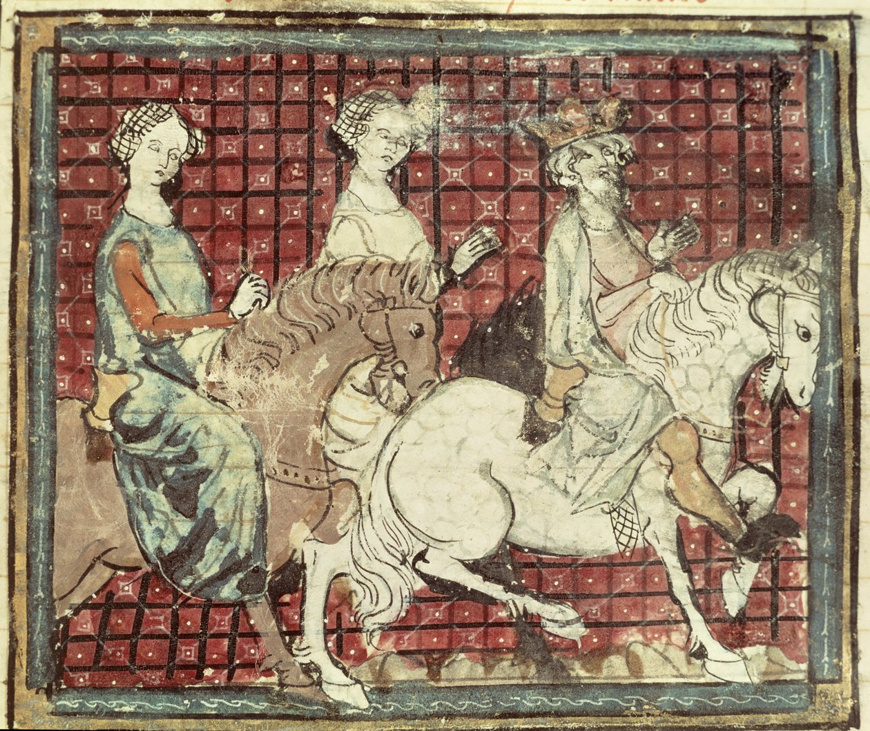 Fol.31r Chilperic I (543-97) ja Fredegonde hevosen selässä, Grandes Chroniques de Francesta, 1375-79 tekijältä French School