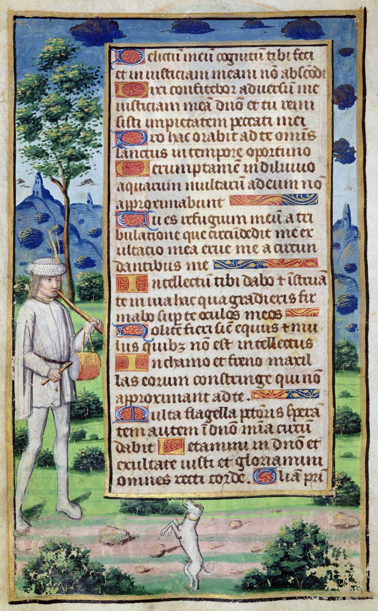 Fol.50v Tekstisivu, jossa reunayksityiskohta muusikosta, joka saa koiransa tanssimaan, kirjasta "Heures de l