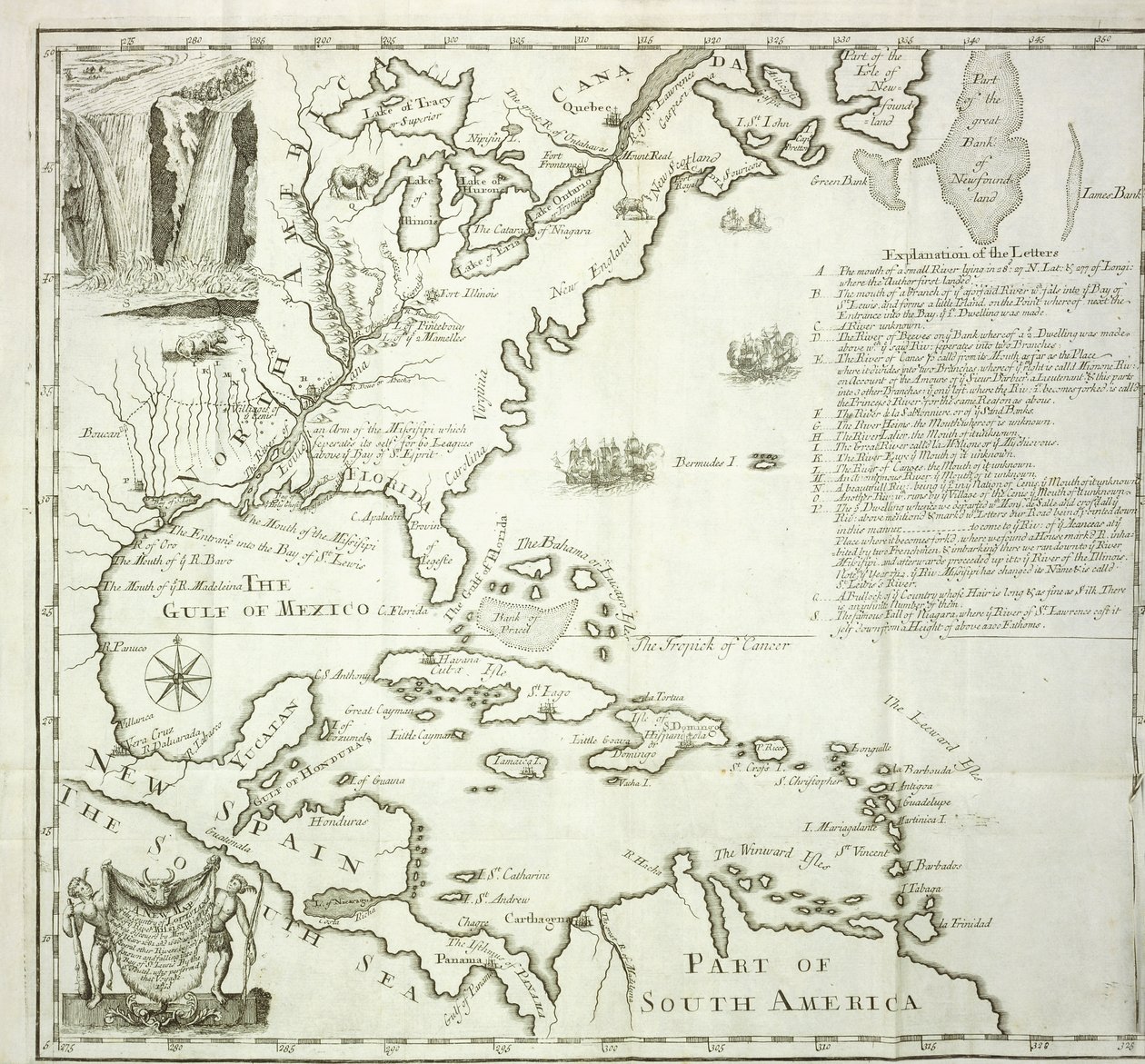 Pohjois-Amerikan Atlantin rannikon taittuva kartta, 1714 tekijältä French School