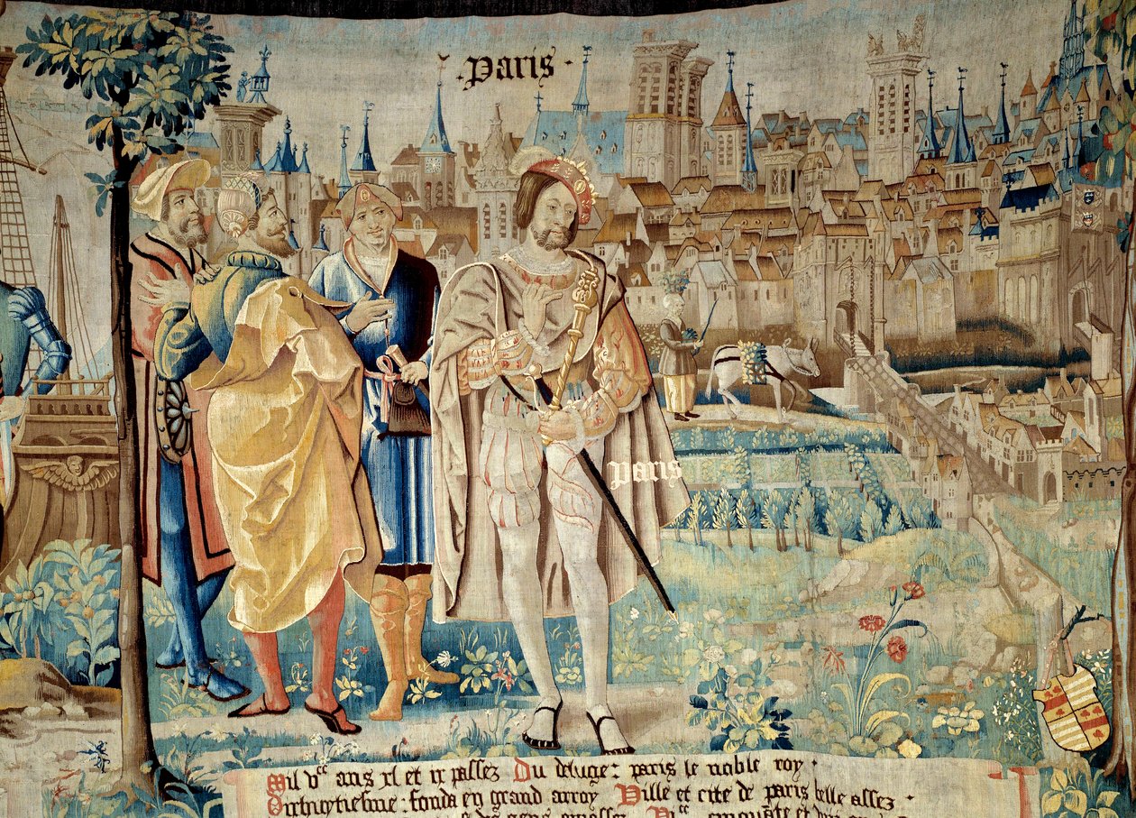 Fondation de la ville de Paris. Kuningas Francois I (1494-1547) päätti perustaa pysyvän pääkaupunkinsa Pariisiin palattuaan vankeudesta vuonna 1527. Arrasin työpajan kuvakudos "Gallien upeasta historiasta". 1530 Beauvais, departm tekijältä French School