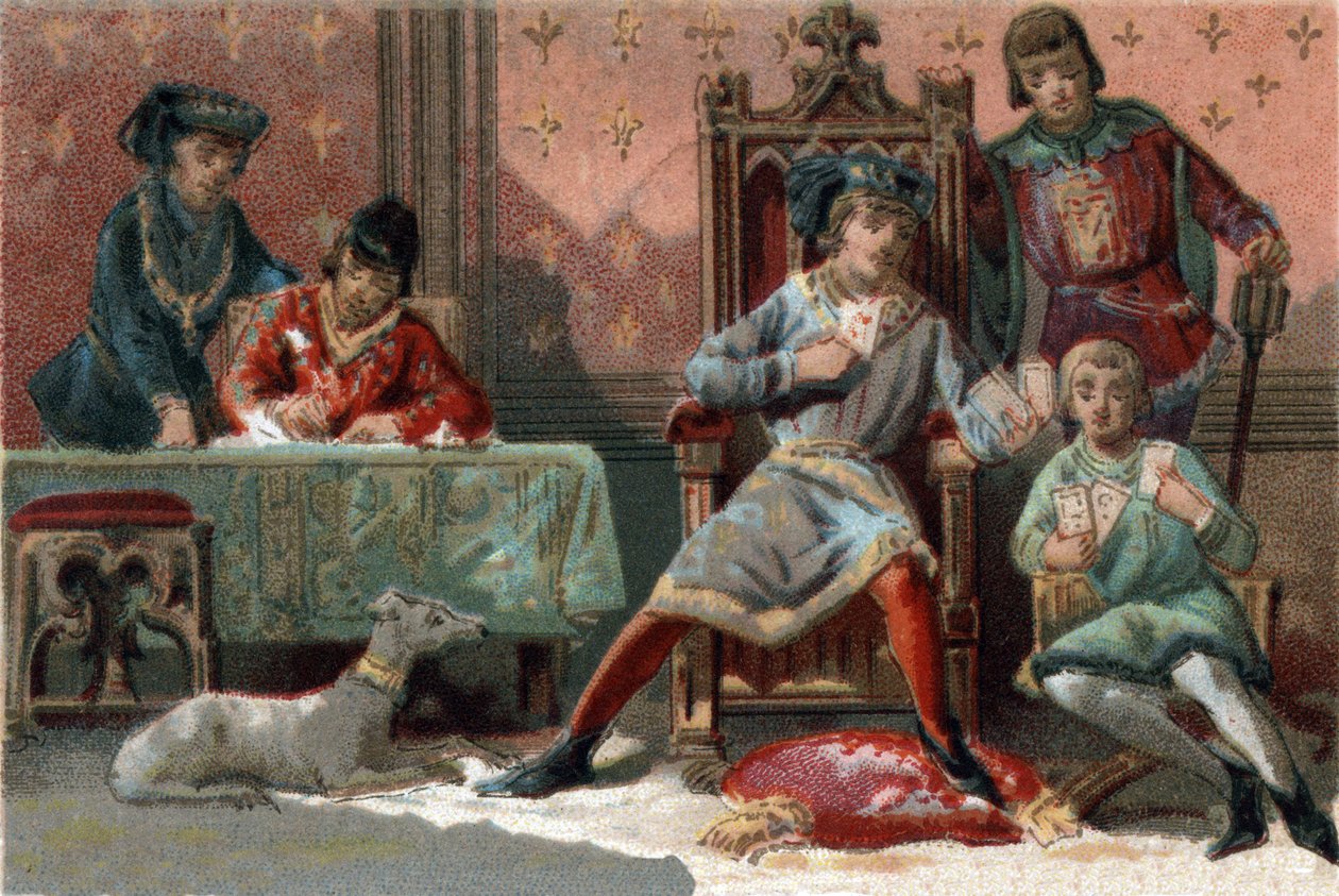 Ranskan kuningas Kaarle VI (1368-1422) pelasi korttia häiriötekijänä. Kromolitografia noin 1890. tekijältä French School