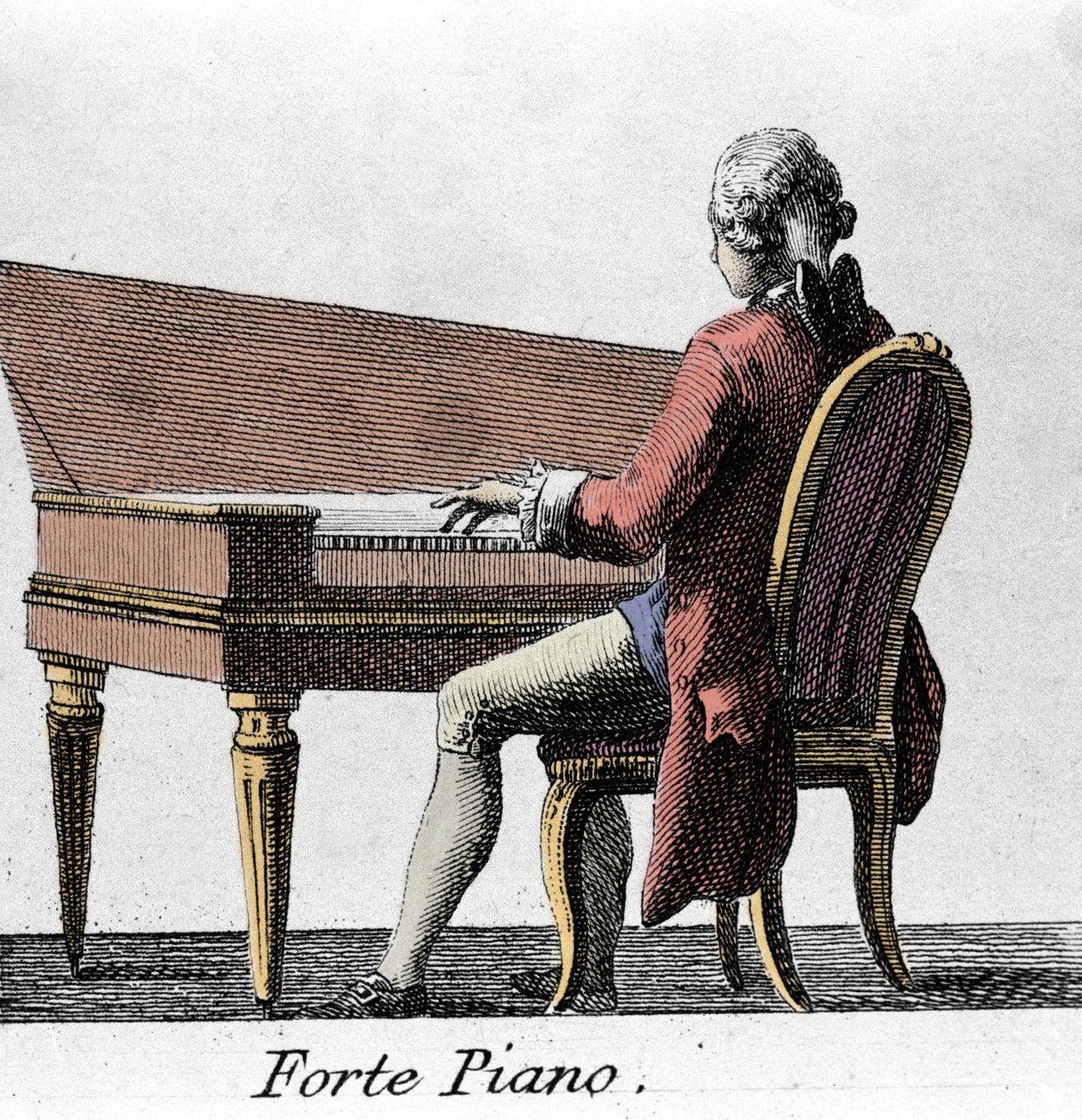 Forte Piano -soitin. Kaiverrus 1700-luvun lopulta. tekijältä French School