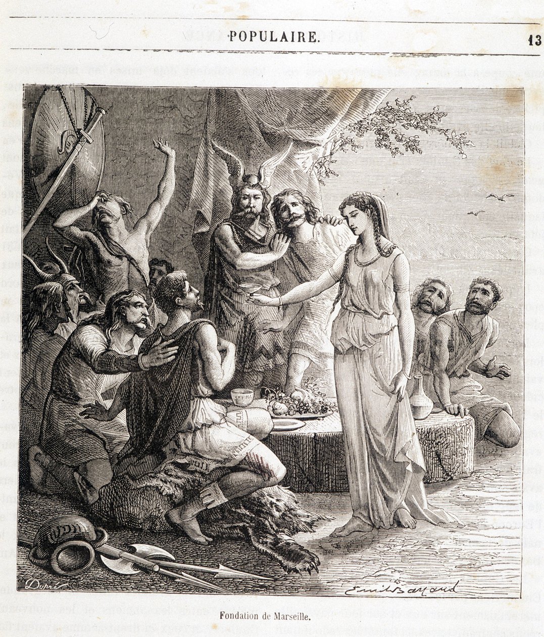 Marseillen perustaminen: kreikkalaiset merimiehet perustivat ranskalaisen kaupungin vuonna 600 eKr. Kaiverrus Henri Martinin kirjaan "Histoire de France populaire". 1800-luvulla tekijältä French School