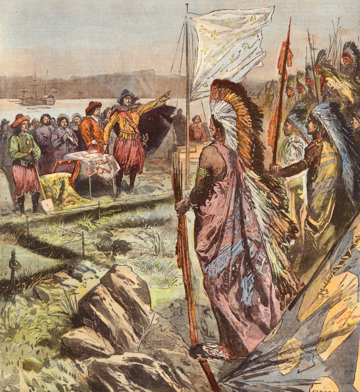 Samuel de Champlainin perustama Quebecin kaupunki (värilitro) tekijältä French School