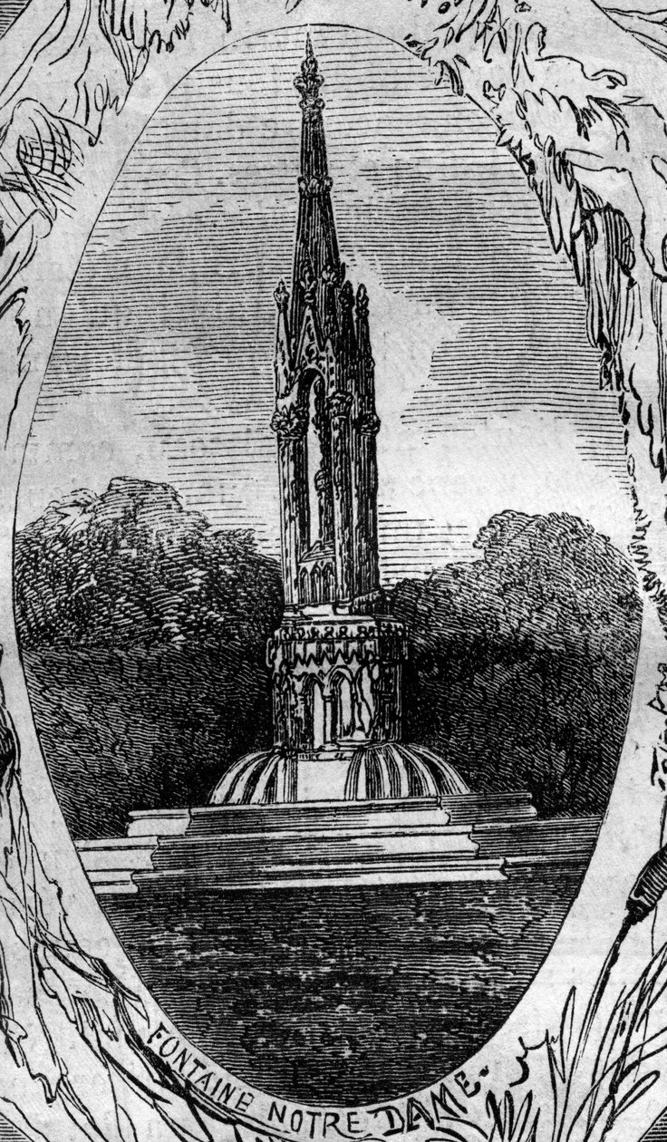 Pariisin suihkulähde: näkymä Neitsyt-suihkulähteelle (Notre Damen suihkulähde) (noin 1845). Kaiverrus "" Le Monde Illustré" -julkaisussa nro 254, 22. helmikuuta tekijältä French School