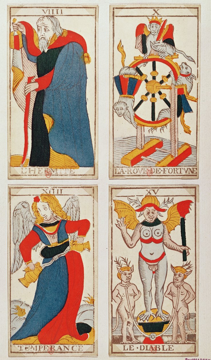 Neljä Tarot-korttia, jotka kuvaavat Erakkoa, Onnenpyörää, Temperanssia ja Paholaista (värillinen puukaiverrus) tekijältä French School
