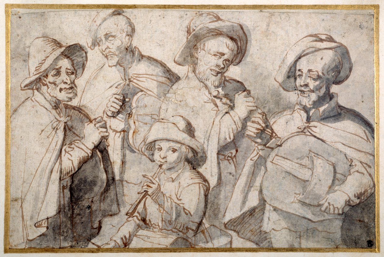 Neljä hurdy-gurdy-pelaajaa ja poika, jolla on piippu, n. 1650-1699 (kynä ja muste paperille) tekijältä French School