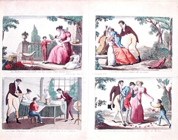 Neljä vanhempien velvollisuuksia kuvaavaa kohtausta, 1800-luvun alku (värillinen kaiverrus). tekijältä French School